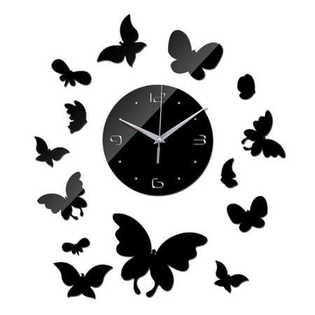 Wall Clock Art Decal DIY Mirror Sticker Butterfly Mute Acrylic Decorative for Home Bedroom Decoration , Black