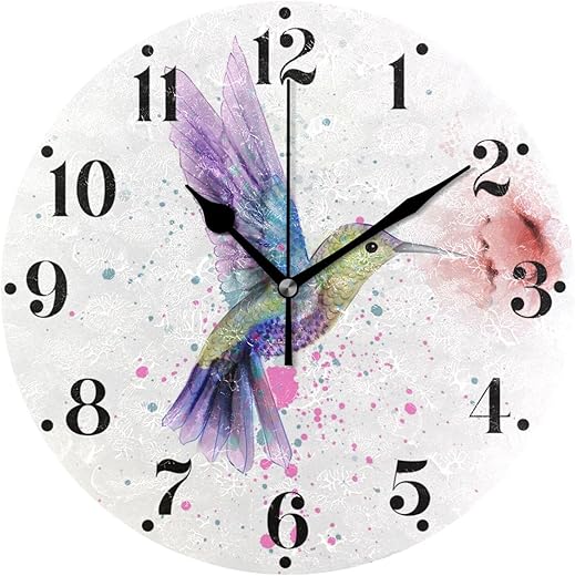 Watercolor Hummingbird Wall Clock Silent Non Ticking Round Wall Hanging Clock Battery Operated Decorative Wall Clocks for Bedroom Living Room Kitchen Office