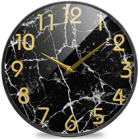 Wellsay 3D Stylish Black Marble Stone Print Round Wall Clock, 12 Inch Silent Battery Operated Quartz Analog Quiet Desk Clock for Home,Office,School,Kitchen