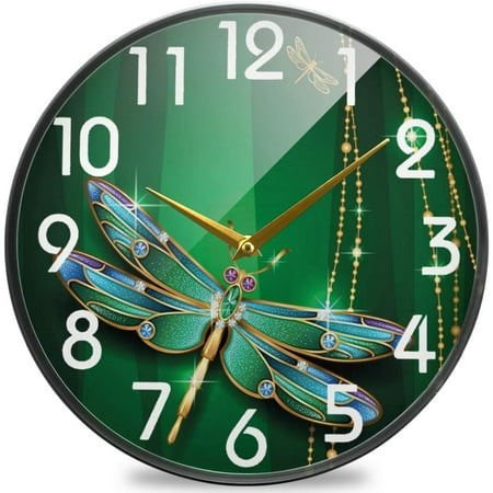 Wellsay Beautiful Vivids Dragonfly in Gemstone Crystal Diamond Round Wall Clock, 9.5 Inch Silent Battery Operated Quartz Analog Quiet Desk Clock for Home,Office,School