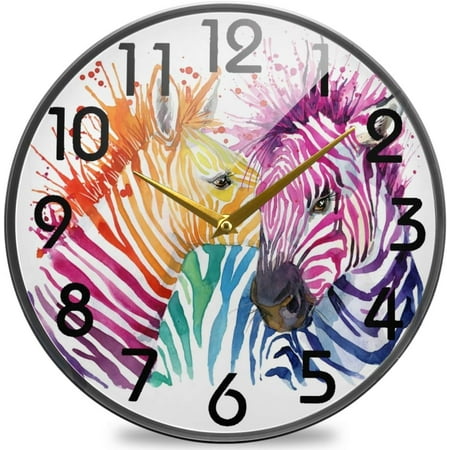 Wellsay Stylish Funny Zebra Rainbow Splashed Print Round Wall Clock, 9.5 Inch Silent Battery Operated Quartz Analog Quiet Desk Clock for Home,Office,School,Library