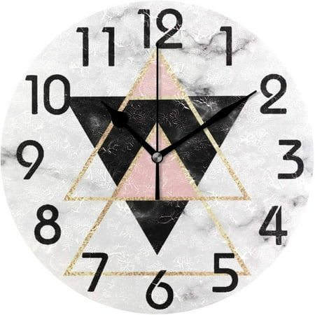 Wellsay Stylish Minimal Geometric Marble with Triangles Print Round Wall Clock Decorative, 9.5 Inch Battery Operated Quartz Analog Quiet Desk Clock for Home,Office,School