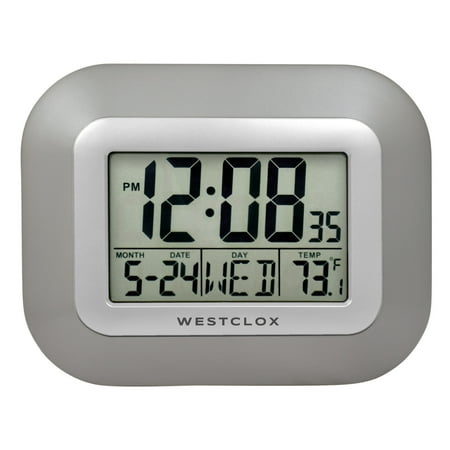 Westclox Classic Modern Silver Easy To Read LCD Display Digital Wall Clock with Large Numbers and Day, Date, and Temperature