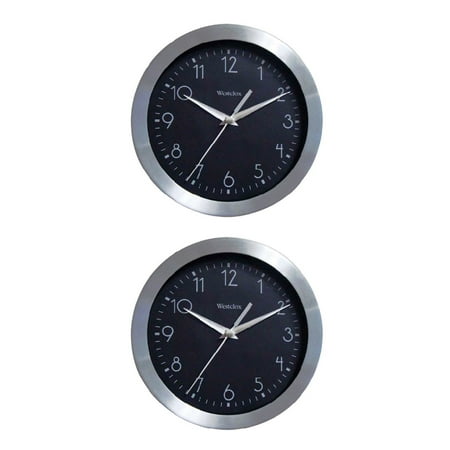 Westclox Wall Clock Brushed Aluminum Round 9 inch Analog Silver Black, 2-Pack