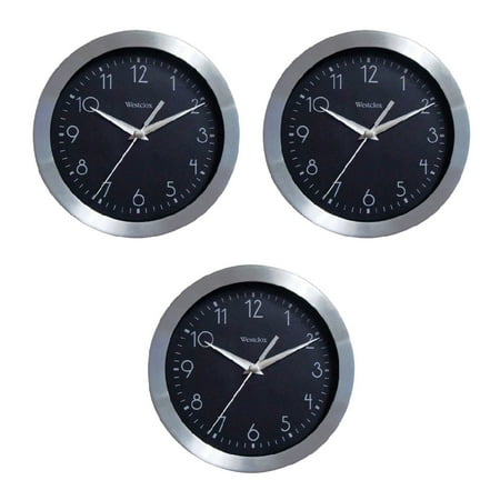 Westclox Wall Clock Brushed Aluminum Round 9 inch Analog Silver Black, 3-Pack