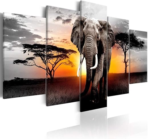 Wild Elephants Animals Landscape Painting Prints on Canvas 5 Panels African Grasslands Wall Art Framed for Living Room Decor