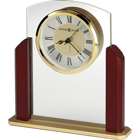 Winfield Table Clock 645-790 – Satin Rosewood Hall Finish Sides, Satin Gold Tone Base, Flat Glass Crystal, Modern Home Décor, Quartz, Alarm Movement