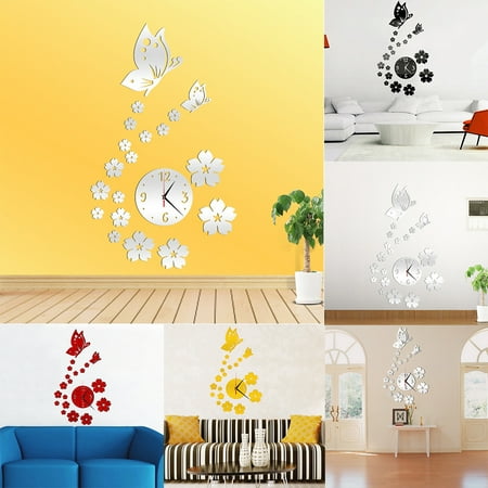 Wirlsweal DIY Home Room Modern Decor 3D Butterfly Flower Wall Clock Mirror Surface Sticker