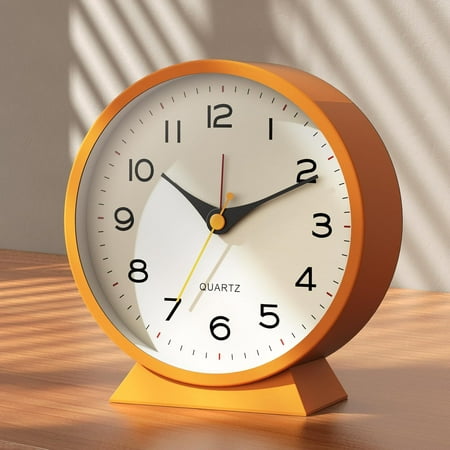 YHRY 4.5 Analog Alarm Clock,Small Retro Desk Clock Battery Operated,Slient Metal Table Clock with Light for Living Room Decor,Bedroom,Bedside,Shelf (Orange)