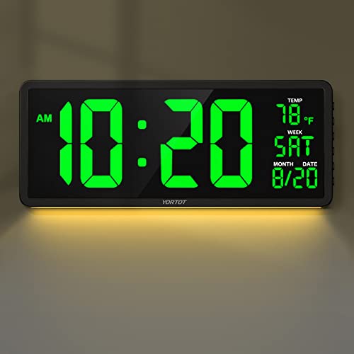 YORTOT 16” Large Digital Wall Clock with Remote Control and 7 Night Lights, 4 Level Dimmer, Super Easy to See, Big LED Clock with Indoor Temperature, Date, Perfect for Home, Office, Gym (Green)