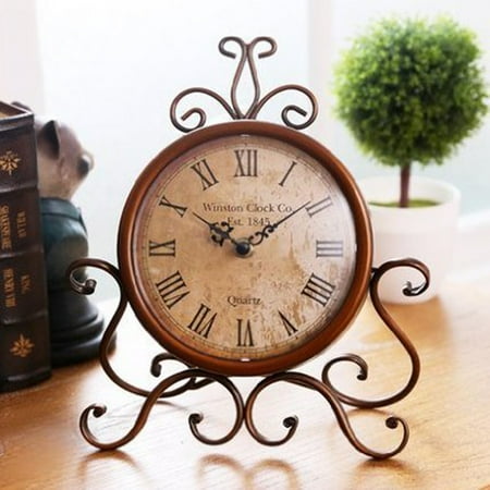 Zehuanyu European Style Retro Antique Vintage Wrought Iron Craft Table Clock for Home Desk Cabinet Decoration (Brown)