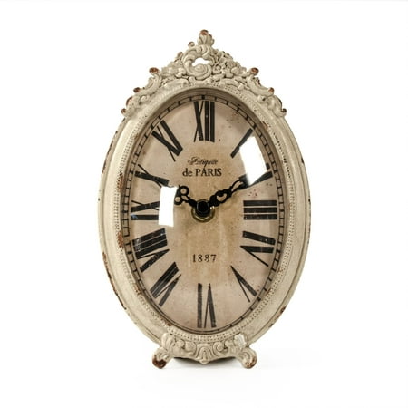 Zentique 7.5 Antique White and Black Distressed Finish Oval Desk Clock