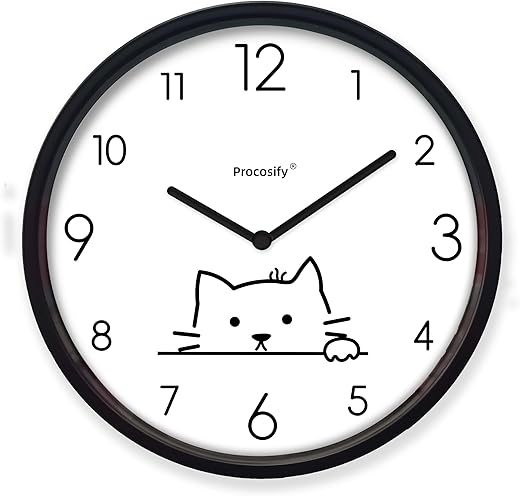 12 inch Battery Operated Round Wall Clocks for Living Room Bedroom Kitchen Office Minimal Design, Cat