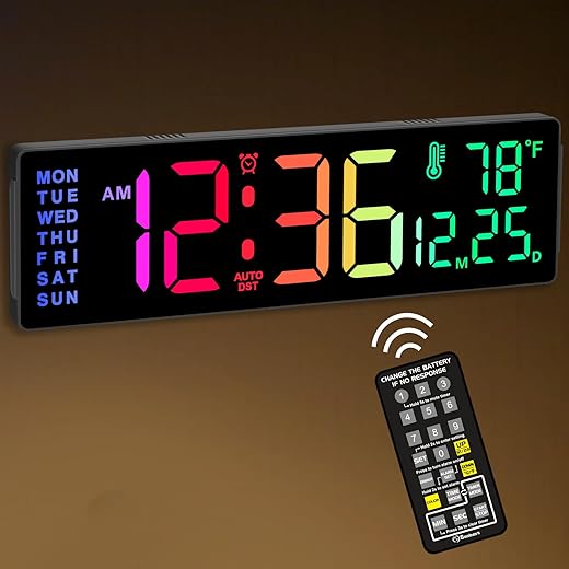 14.2 Large Display RGB Digital Wall Clock Color Changing with Remote Control, Alarm Clock with Auto DST Indoor Temperature Date Day of Week LED Screen Gift for Living Room, Bedroom Elderly