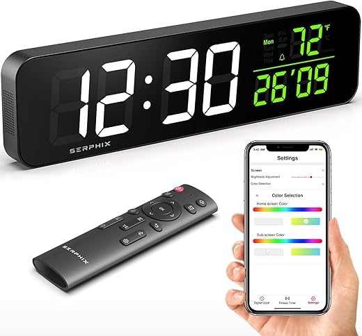 15.2 Digital Wall Clock Gym Timer with App & Remote Control, Customize LED Colors, Voice Countdown Prompt, Hourly Chimes, Alarm Clock with Day/Date/Temperatur