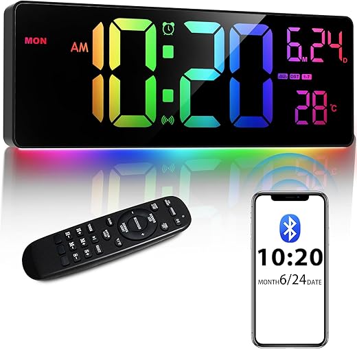 16" Bluetooth Large Digital Wall Clock/Auto Time Sync, 10 RGB Colors Digital Clock Large Display with Remote, Auto-Dimming/DST, Calendar, Timer, Alarm, 6 Night Lights Big Digital Clock for Decor