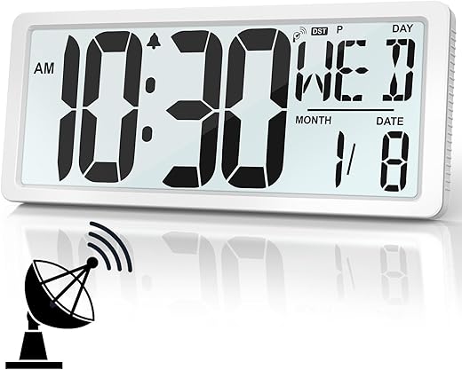 [2024 New] Atomic Clock/Never Needs Setting, Battery Operated, 15" Digital Clock Large Display with Backlight, DST, Date, Day & Temperature, Large Digital Wall Clock for Home, Bedroom, Office Use