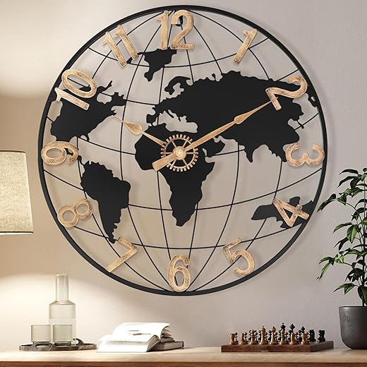 24 Inch Large Wall Clock for Living Room Decor,Big Modern Decorative Silent Metal World Map Wall Clock with Vintage Gold Arabic Numeral for Office,Living Room,Kitchen,Dining Room