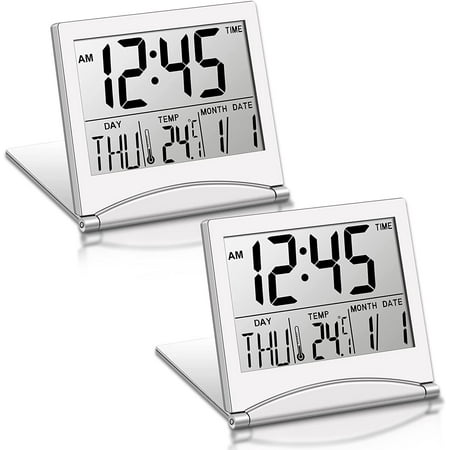 2 Pieces Digital Travel Alarm Clock Battery Operated Foldable LCD Clock with Calendar Temperature Snooze Mode Multifunction Small Desk Clock Portable Clock Large Display Desk Clock (Silver)