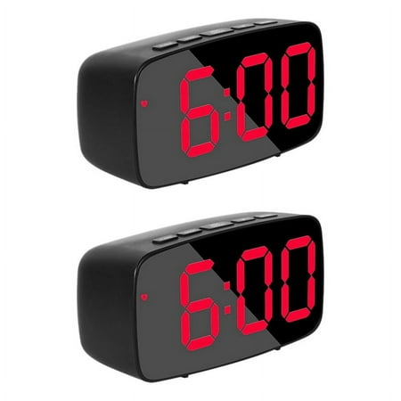 2X Smart Digital Alarm Clock Bedside,Red LED Travel USB Desk Clock with 12/24H Date Temperature Snooze for Bedroom,Black