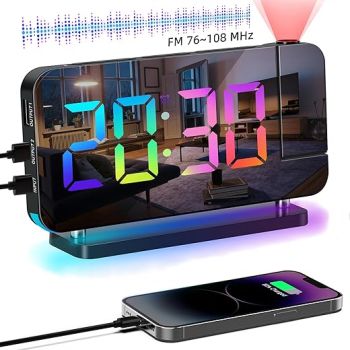 Projection Alarm Clock for Bedroom Ceiling,RGB Digital Clocks Radio with 10 Colors RGB Night Light,Loud Alarm Clock for Heavy Sleepers,USB C Charger Port,Snooze,12/24H,Auto Dimming