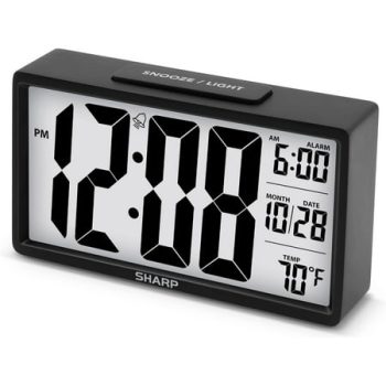 SHARP Alarm Clock with Easy to Read 2.8” Jumbo Screen with Indoor Temperature, Nightlight, Calendar, Battery Operated Digital Clock for Bedrooms or Travel, Black