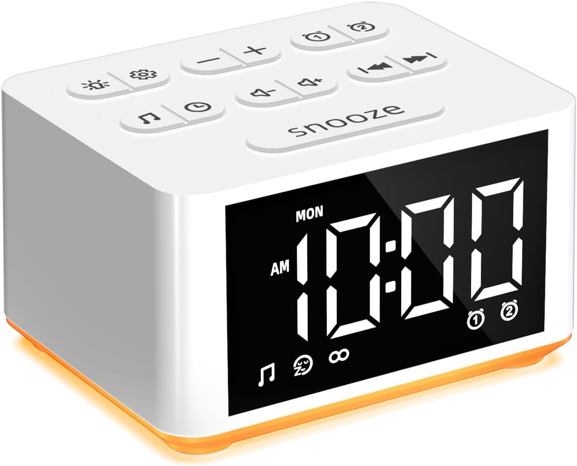 【3 in 1】Sound Machine Dual Alarm Clock Night Light White Noise Machine 27 Sleeping Sounds for Adults Kids Precise 32 Level Volume Sleep Timer Memory Function Digital Clock with 30 Wake Up Sounds