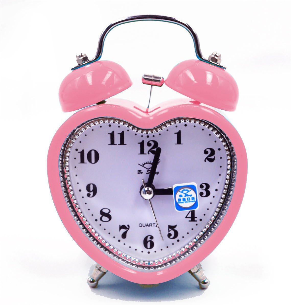 3in Small Heart Shape Loud Twin Bell Plastic Alarm Clock Silent Analog Quartz Nightlight Clock for Heavy Sleepers