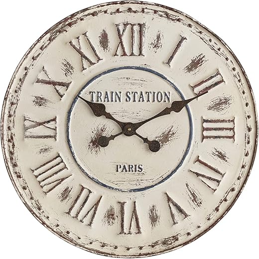 47th & Main Vintage Distressed Metal Round Decorative Wall Clock, 24 Diameter, Train Station Paris, White