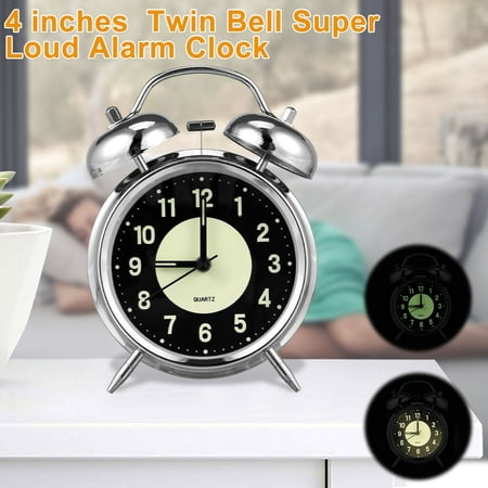 4 inches Twin Bell Super Loud Alarm Clock Battery Operated with Nightlight for Heavy Sleepers, Silver