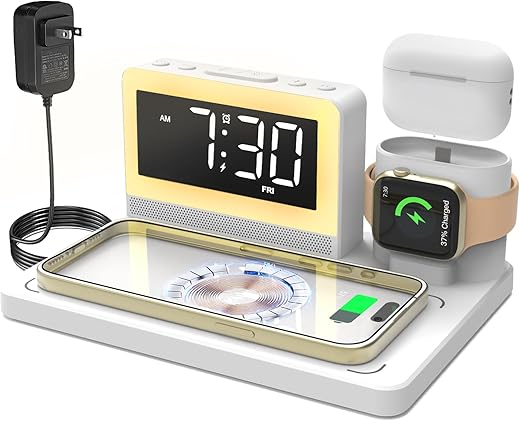 5 in 1 Bedside Wireless Charging Station with Alarm Clock and 7 Color Night Light for Magsafe for iPhone for Apple Watch for Airpod,Magnetic Cell Phone Charger Docking Stand for Apple Devices