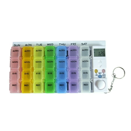 7 Days Tablets Organizer Luminous Timer Reminder 28 Grids Alarm Clock Pill Box FLOF