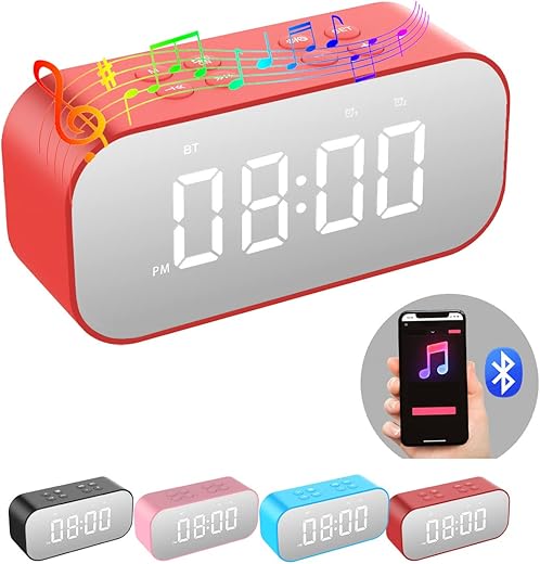 AFK Alarm Clock with Bluetooth Speaker,Digital Clock for Bedroom,Alarm Clock for Heavy Sleepers Adults with Dual Alarm,Snooze,Dimmable LED Display,Hands-Free Calling.（Red,A02）