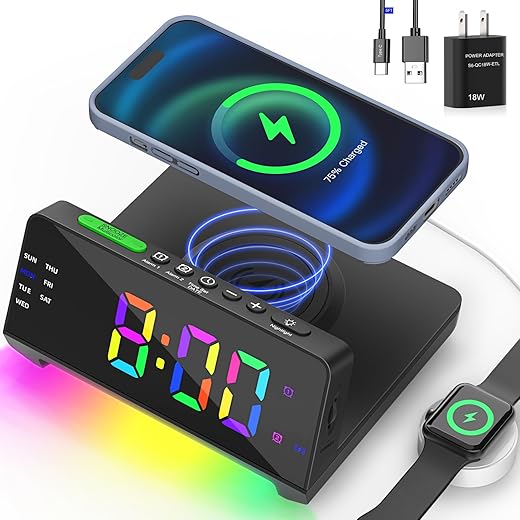 Alarm Clock Charging Station,Dual USB-C Ports,Dual Alarm,Night Light,Full Dimmable Display,Calendar,Snooze,Alarm Clock with Wireless Charging,Loud Alarm Clock Bedrooms for Heavy Sleepers,Teens Gifts