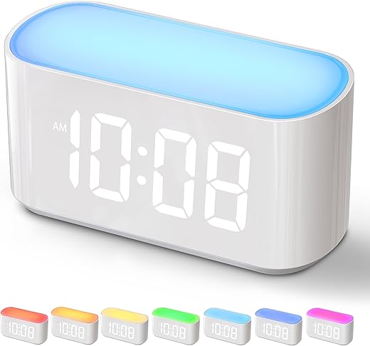 Alarm Clock for Bedrooms, Large Display Digital Clocks with 2 Alarms, 7 Color Larger Night Light, Battery Backup, Dimmer, Adjustable Volume, Easy Snooze (White)