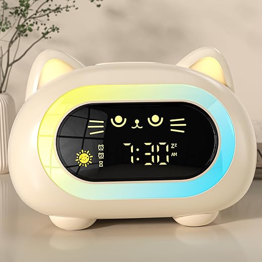 Alarm Clock for Kids, Ok to Wake Clock for Kids with Eye Protection Sleep Training Auto Off Feature 10 Night Light Dual Alarm, Kids Alarm Clock for Girls and Boys, Cute Cat