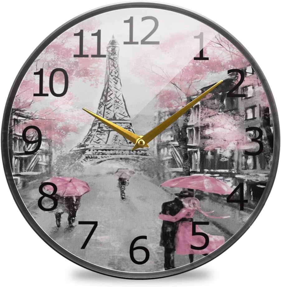 ALAZA Paris Eiffel Tower Couple Pink Floral Acrylic Painted Silent Non-Ticking Round Wall Clock, 9.5 Inch Battery Operated Quiet Desk Clock Home Art Bedroom Living Dorm Room Office School Decor