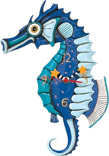 Allen Designs Enesco Salty The Seahorse Sculpted Pendulum Wall Clock, 13.75 Inch, Blue