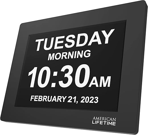 American Lifetime Large Digital Clock for Seniors, Black, 8 inch, with Day & Date, Customizable Alarms, Auto-Dimming, Multi-Language Support, Battery Backup, Easy Setup, and Gift Option