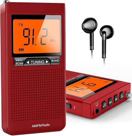 AM FM Radio Portable with Best Reception, Battery Powered Radio with Large Digital LCD Display, Pocket Radio for Indoor Outdoor, Built-in Alarm Clock and Sleep Timer, a Free Earbuds, Gifts for Elderly