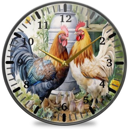 ANYWAY.GO Farmhouse Rooster Wall Clock Silent Non-Ticking Round 12 Inch Quartz Decorative Battery Operated Wall Clock for Kitchen,Bedroom,School,Living Room