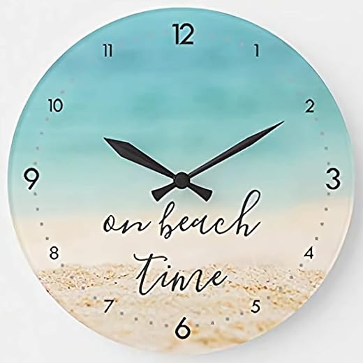 Aqua Ocean Sandy Wall Clock On Beach Time Coastal Clocks Wall Decor 15 Inch Battery Operated Large Decorative Wall Clock Silent Round Wood Wall Clock Hanging Clocks for Living Room Clock