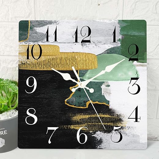 ArtSocket Black Gold Green Wooden Wall Clock Silent Non-Ticking, Contemporary Abstract Minimalist Square Rustic Wall Clocks Decor for Home Kitchen Living Room Office, Battery Operated(12 Inch)