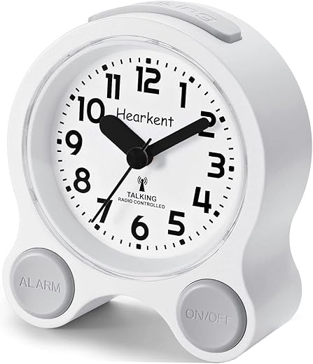 Atomic Talking Clock Clear Voice Time and Date with Snooze and Light, Clocks for Seniors 5 Sets of Separate Alarms Non Ticking Volume Control (White)