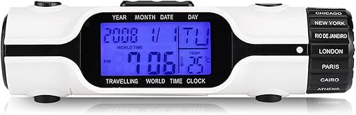 AUNMAS World Time Travel Clock, World Time Travel Alarm Clock World Time Travel Clock LED Perpetual Calendar Clock Portable Flashlight LED Pocket Sized Multi Time Zone Digital World