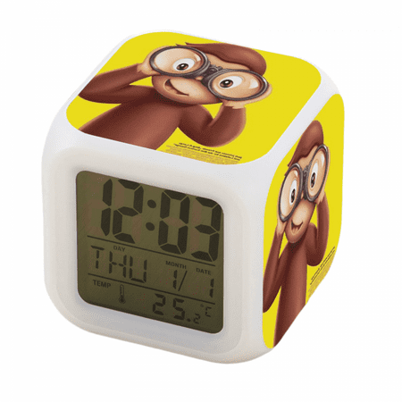 AVEKI Digital Alarm Clock , LED Digital Bedroom Alarm Clock Easy Setting Cube Wake up Clocks with 4 Sided Curious George Pattern Soft Night Light Large Display Ascending Sound（Number 7）