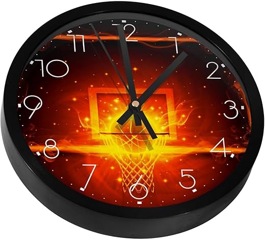 Basketball Hoop with Fire Silent Wall Clock, Non Ticking Battery Operated 10 Inch Wall Clocks for Bedroom Kitchen Home Office School Art Decor