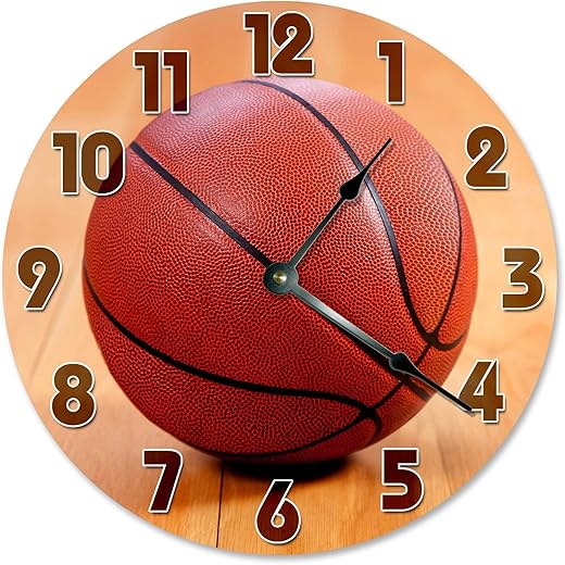 Basketball Silent Non Ticking Round Battery Operated Handmade Hanging Large 10 Inch Wall Clock for Bedroom Office Cottage Decoration