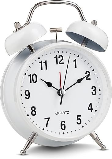 Bernhard Products Analog Alarm Clock Extra Loud Twin Bells Retro White 4 Inch Silent Non-Ticking Quartz Battery Operated with Backlight, Decorative Bedside Table Desk Vintage Clocks for Heavy Sleepers