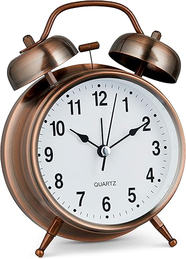 Bernhard Products Analog Alarm Clock Twin Bell Retro Copper Metal 4" Extra Loud Quartz Battery Operated with Backlight for Bedside Table Vintage Silent Non-Ticking Old fashioned Decorative Desk Clocks